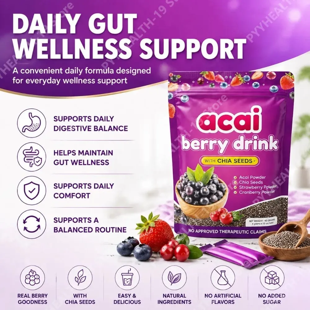 Acai Berry เครื่องดื่มผงเมล็ดเจียสตรอเบอร์รี่แครนเบอร์รี่สำหรับสารต้านอนุมูลอิสระ Daily Wellness & ระบบภูมิคุ้มกันสนับสนุนผู้ใหญ่ 40g