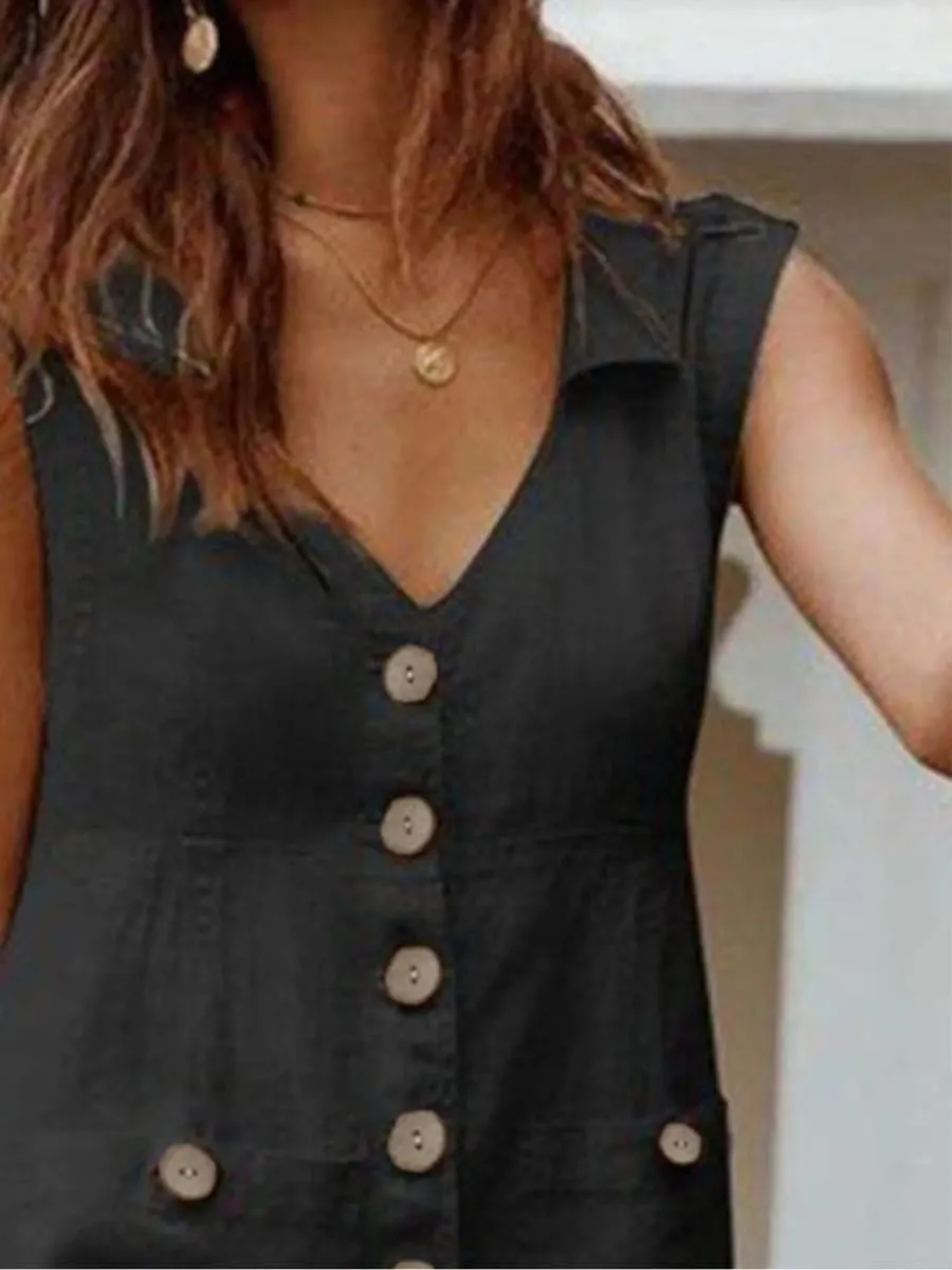 Women's dress summer new fashion V-neck single breasted buckle buckle dress pocket design sense skirt