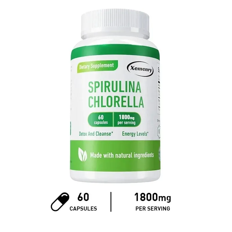 Spirulina Chlorella Capsules - Supports Cardiovascular and Immune System Health Powerful Antioxidant