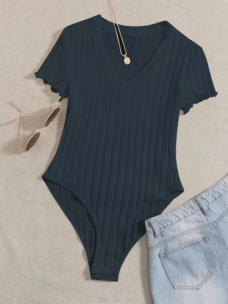 Lettuce Trim Ribbed Bodysuit Women's Sleeveless High Waist Bottom Control Shapewear for Slimming Effect