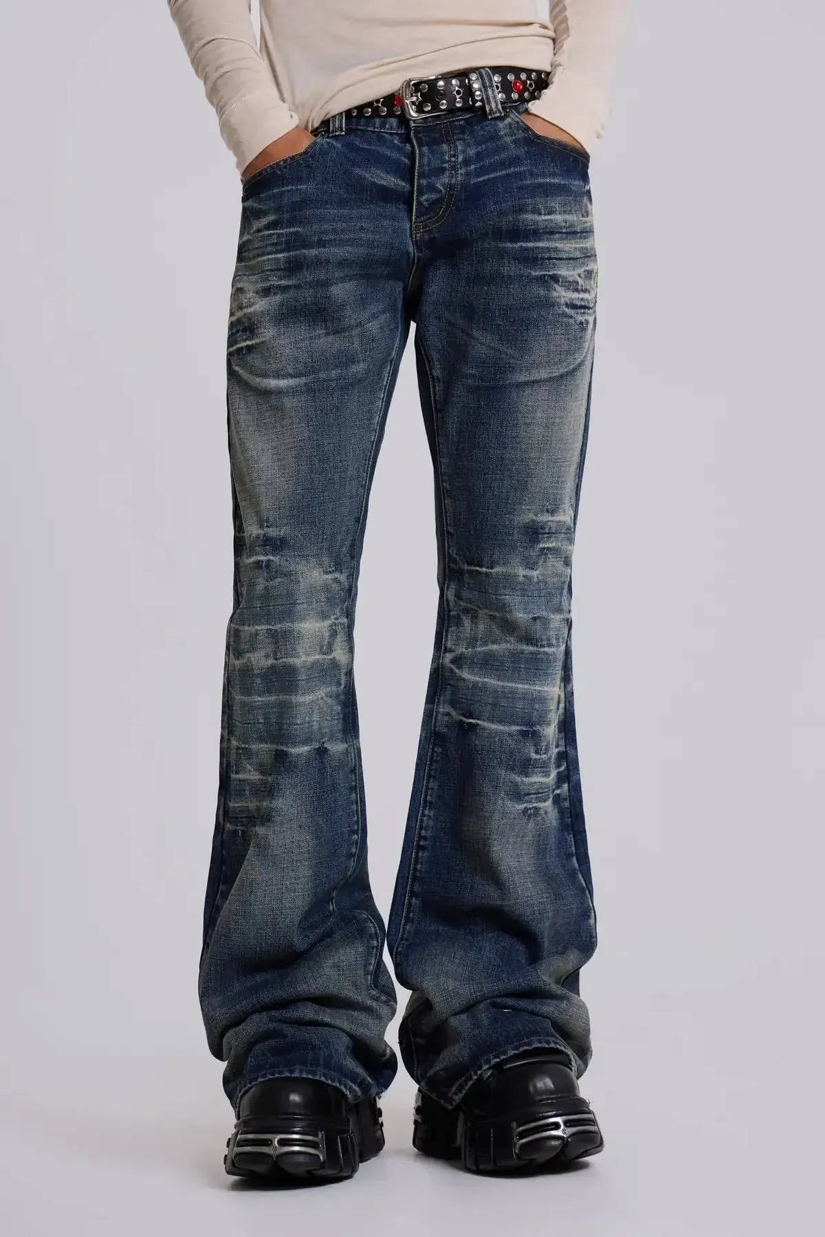 Y2K Mid Blue Flared Jeans Washed Men Women Bootcut Jeans Gothic High Street Unisex Streetwear Baggy wide leg Pants