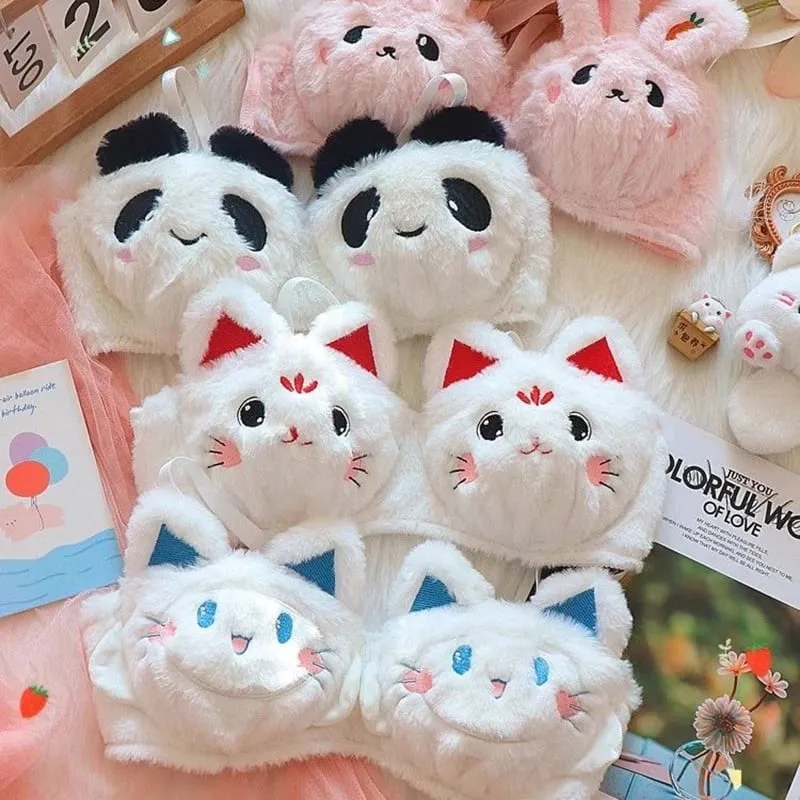 Cute Cartoon Furry Cat Ears Lingerie Bras Underpants Underwear Two Piece Sets Sweet Warm Winter Plush Underwear Set New