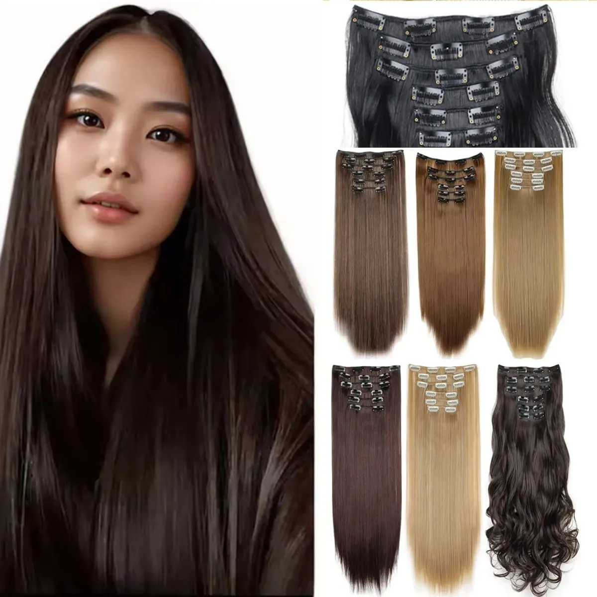 Black Hair Extensions 6pcs/set Women Long Straight Synthetic Full Head Clip 16Clips Ombre Heat Resistant Fiber Hair Kpop Cosplay