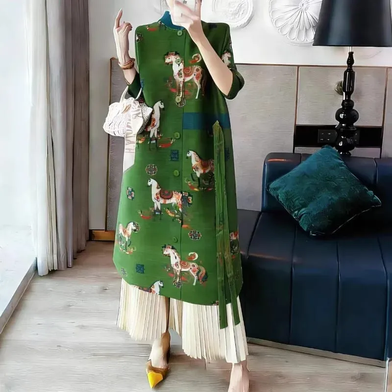 Miyake Pleated Dresses 2026 European New Printed Long Sleeve Single-Breasted Cardigan Jacket Stretch Plus Size Women's Clothing