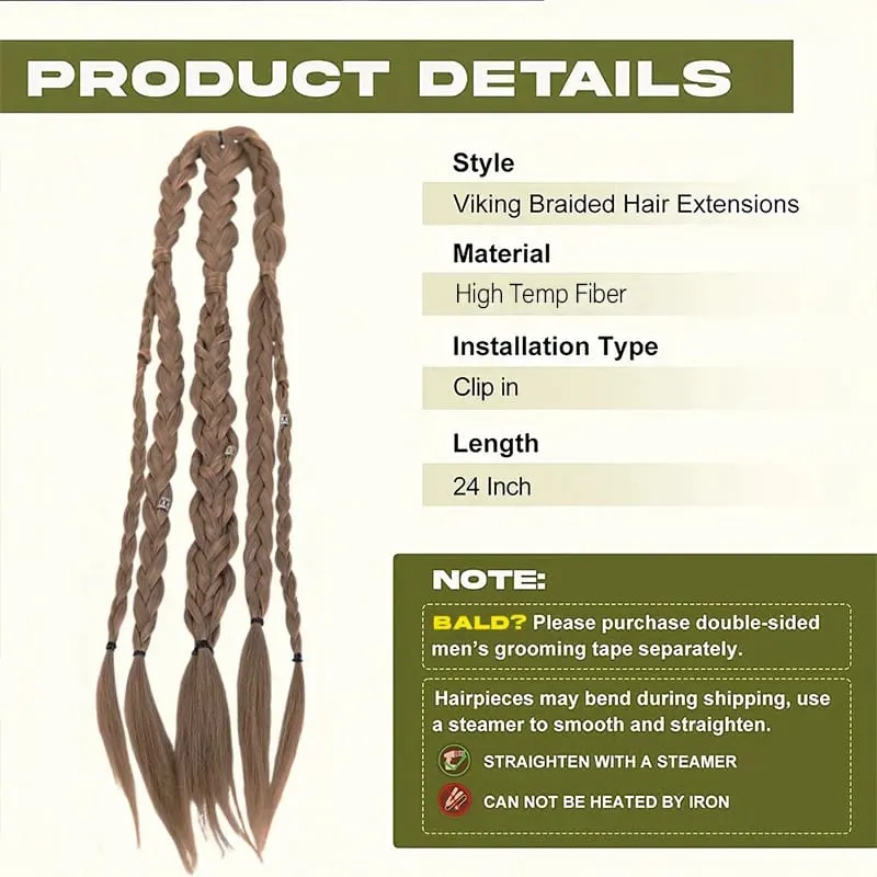 Men Viking Braids Hair Extensions Synthetic Clip In Braided Hair Pieces Cosplay Renaissance Festival Hair Accessories For Men