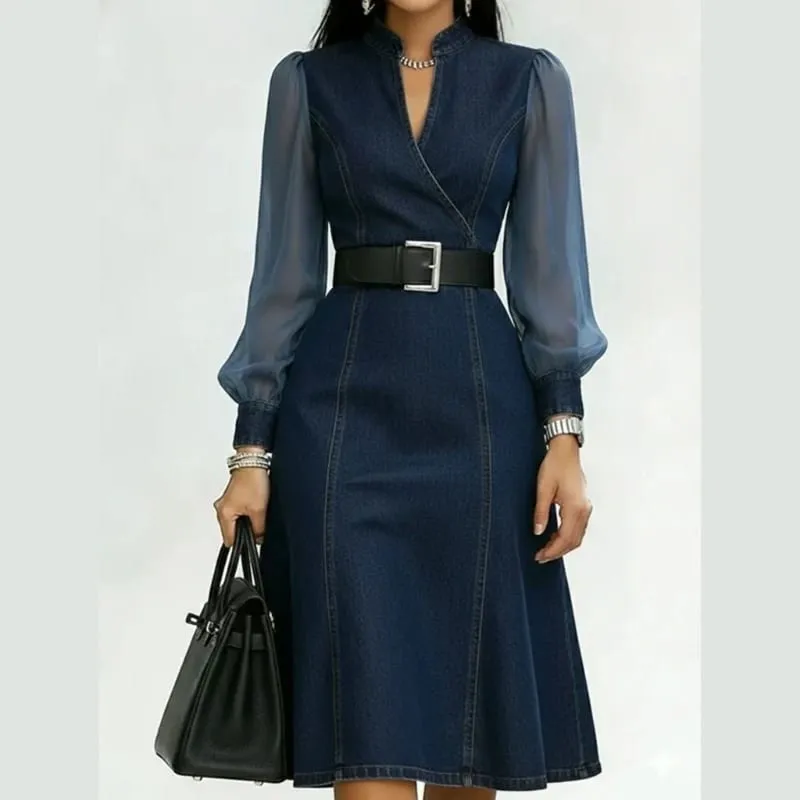 2026 Summer V Neck Waist Long Sleeve Dress for Women Lightweight Polyester Casual A Line Dresses Elegant Flattering Fit