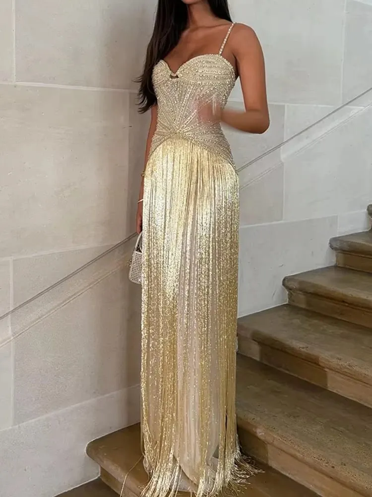 Sexy Off Shoulder Sleeveless Suspender Dress Women's Elegant High Waist Slim Tassel Long Dress Fashion Draped Solid Long Dress