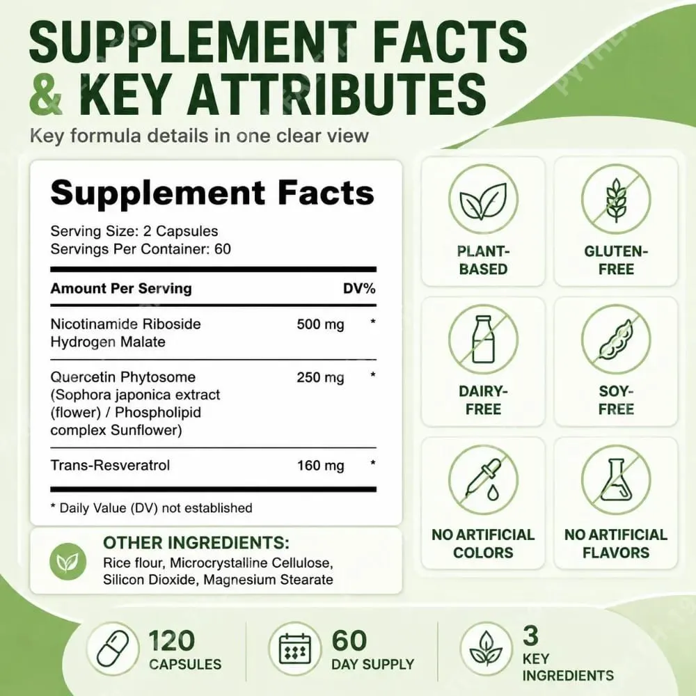 NAD+ Nicotinamide Riboside Capsules with Resveratrol & Quercetin for Cellular Health & NAD+ Levels Support Adults 120 Capsules