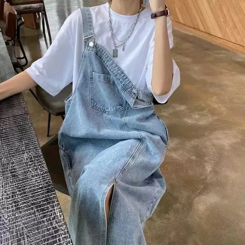 New Irregular Split Cowboy Denim Dress Women Sleeveless Jeans Dresses Fashion Female Solid Casual Loose Strap Dresses