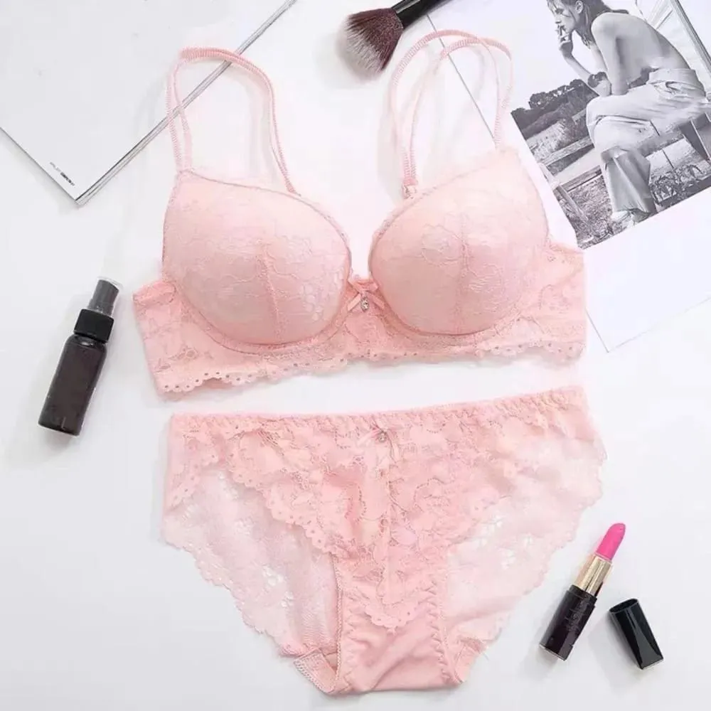 Sweet Mesh Lace Flower Bra Bowknot Low Waist Push Up Bra Women Lingerie Intimates Bra Panties Set Beach