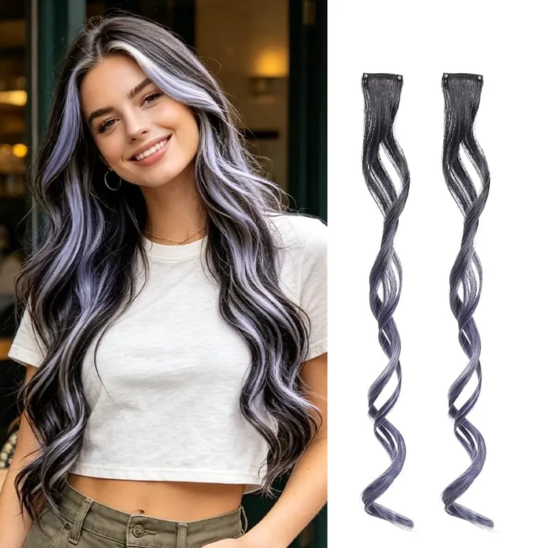 Gradient Wave Clip - in Hair Extensions 2pcs Synthetic Fiber Color - Blocked Tassel Ear - Side Dyeing for Daily Party Cosplay