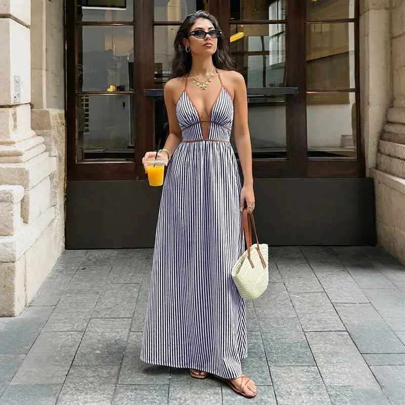 2026 Summer New Style Deep V-neck Striped Beach Dress Sexy Backless Sleeveless Neckline Long Dress
