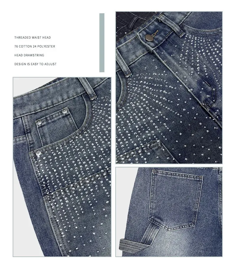 Pants Denim Men Jeans Knee Length Hot Drilling Vintage Washed High Waist Straight Trousers Y2k Streetwear Splice Casual 2026