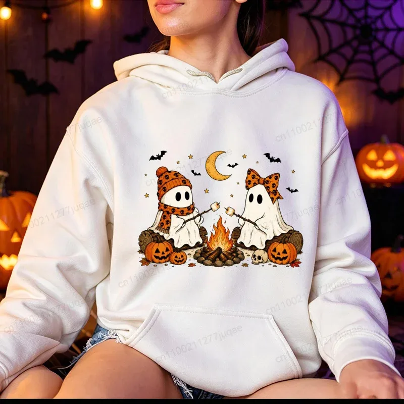 Halloween-Cute-Ghost-Camping-Fall Men's Women Hoodies Vintage Sweatshirts Fall Pumpkin Hooded Hoodies Spooky Season Sportwears