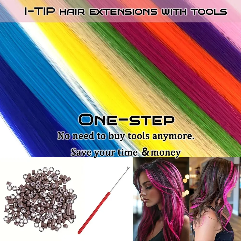20 Strands Synthetic I-Tip Fusion Hair Extensions Party Colors 16" Straight Heat Resistant Highlight Feather Hairpieces Festival