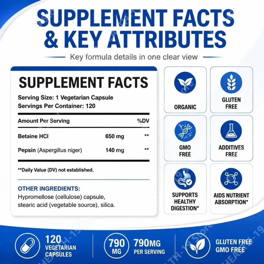 베타인 HCl 펩신 캡슐 790mg 소화 산성 균형 및 영양소 흡수 지원을 위한 채식주의자 성인 120개