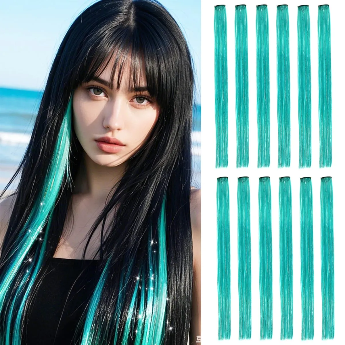 Synthetic Clip in Hair Extensions 12pcs/pack Clip in Colorful Hair Mixed Tinsels Glitter Hairpices for Women Girls Daily Party