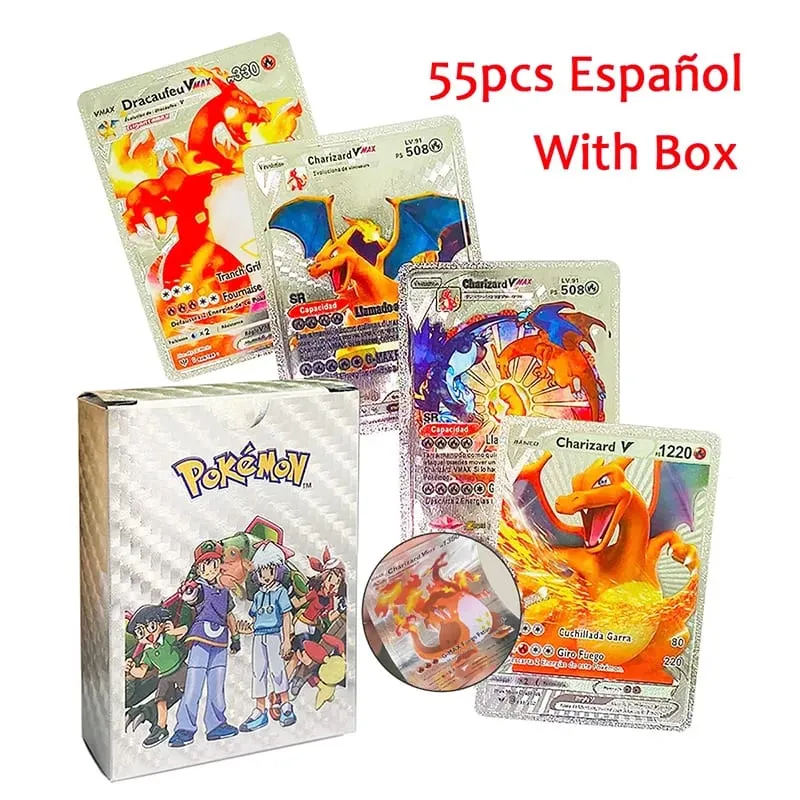 55pc English card Charizard Gold Foil Cards Golden Letters English Spanish Game Card Metalicas Vmax Gx Series Gift