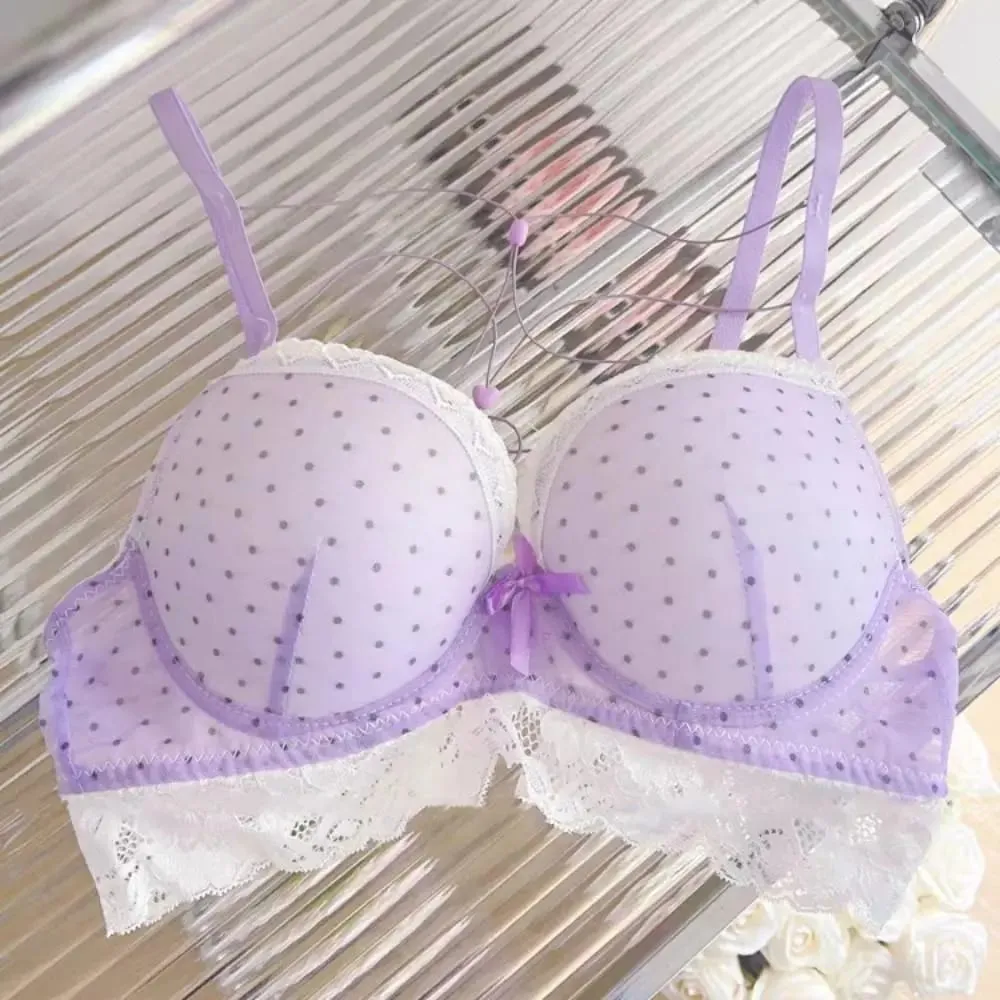 Comfortable Dots Lace Bra Set Love Heart Bowknots Bra Panties Set Lace-up Intimates Push Up Bra Women Romantic Evenings