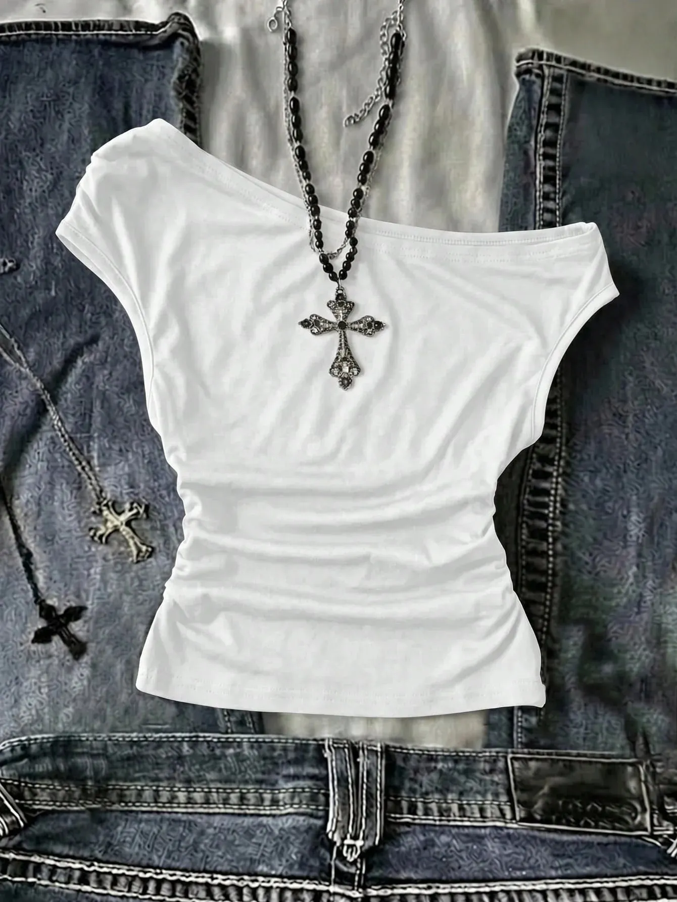 Women One Shoulder Cap Sleeve Side Ruched Slim Fit Cropped T Shirt 2026 Summer Goth Streetwear Solid Black Off Shoulder Going Ou