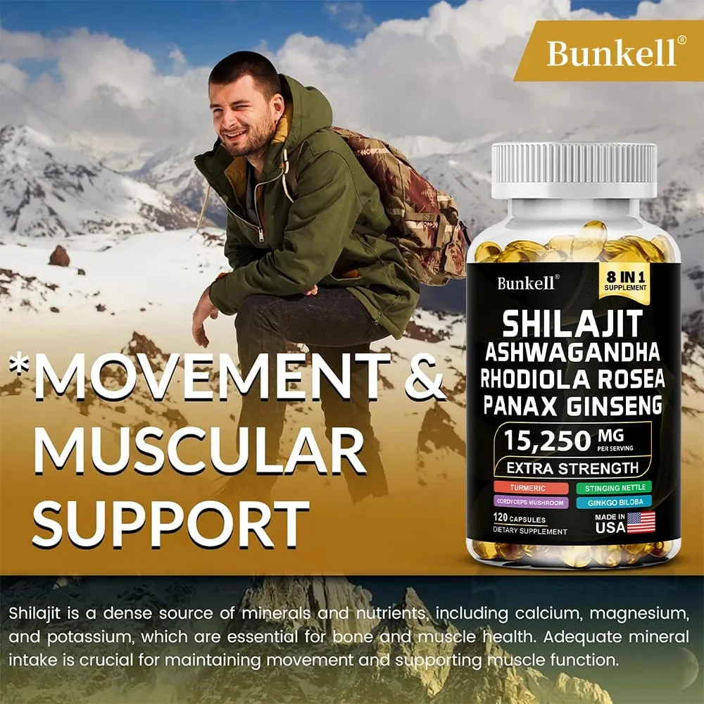 8-IN-1 Shilajit Capsules Himalaya Supplement Supports Energy Endurance Muscle Building Immune Support