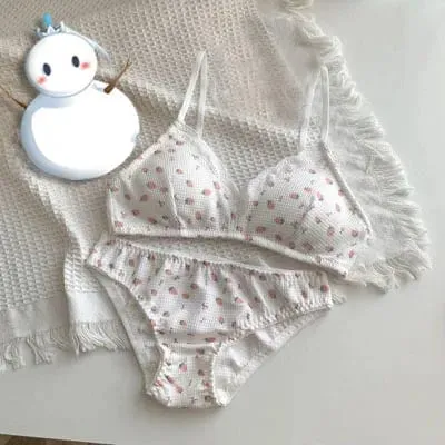 Japanese Kawaii Bralette Cherry Strawberry Print Delicate Lace Non-Wired Bra AB Cup Anti-Sagging Comfort UK Sizes BANERDANNI Bra