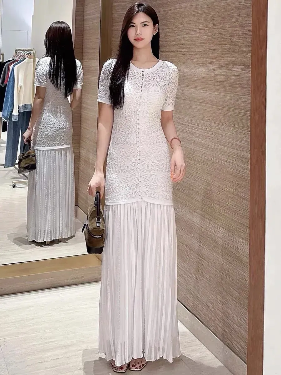 Pearl Decoration Ladies Single-Breasted Knit Midi Dress O-Neck Women's Short Sleeve Slim Fit Splices Long Robes