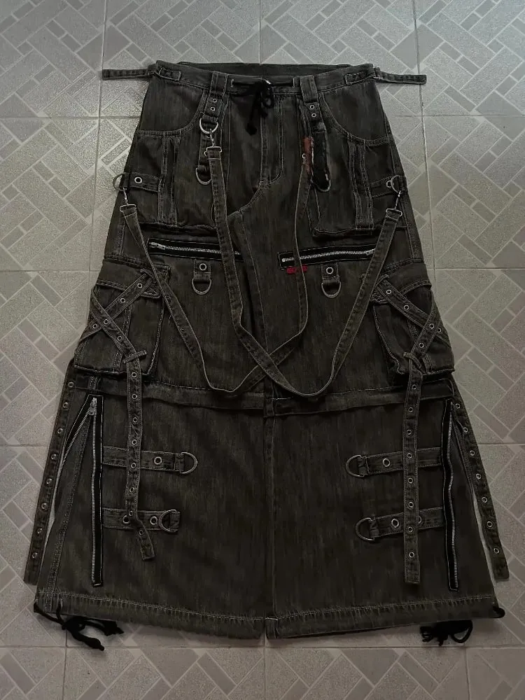 Mens Jeans Harajuku Vintage Gothic Punk Dark Grey Cargo Denim Pants Metal Buckles Chains Multi Pocket Adjustable Strap Y2K New