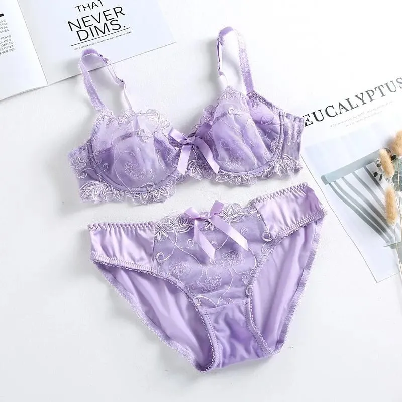high quality sexy women bras and brief two piece set push up A B C D cup wire summer lingerie underwear pink purple white