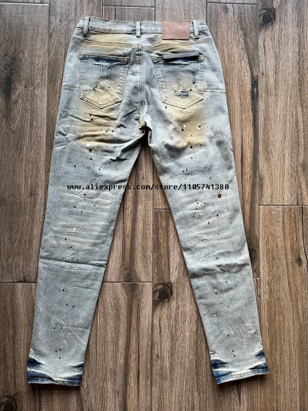 Men's High Street Distressed Washed Light Blue Graffiti Damaged Holes Stretch Skinny Button Fly Ripped Jeans Pants