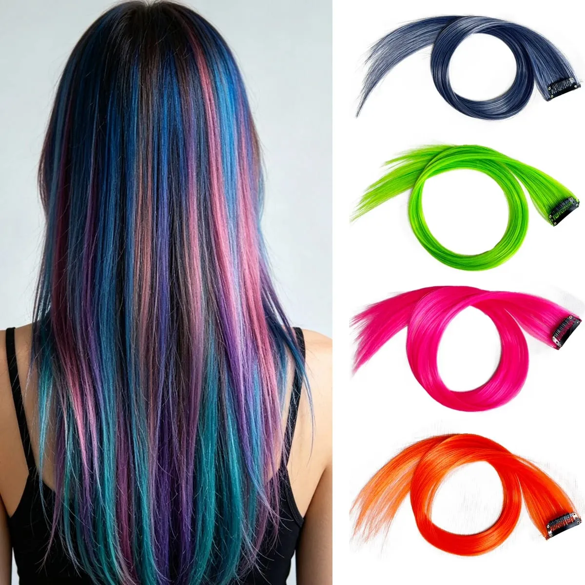 Synthetic Colored Clip In Hair Extensions Straight Highlight Hair Streaks Rainbow Hanging Hair Pieces Hairpiece For Women Party