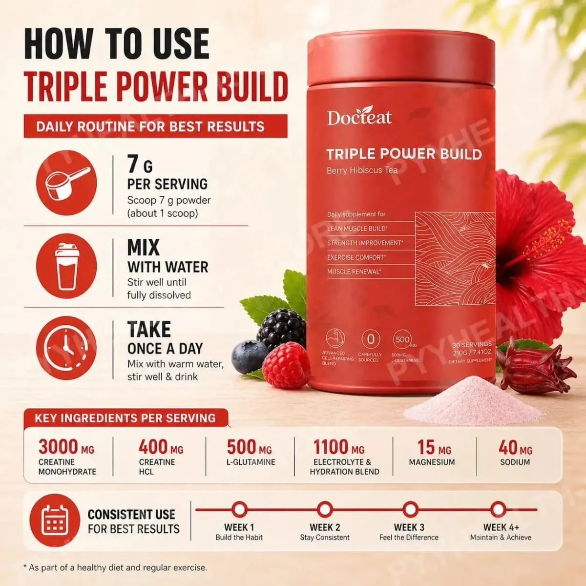 Docteat Creatine Monohydrate Powder with Creatine HCl L-Glutamine and Electrolytes for Muscle & Workout Support Berry Hibiscus
