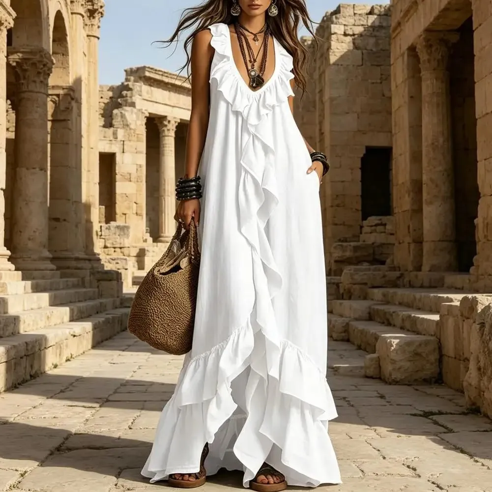 Boho Deep V Neck Sleeveless Dress Women Ruffle Swing Maxi Dress Summer Loose Solid Color Long Dresses
