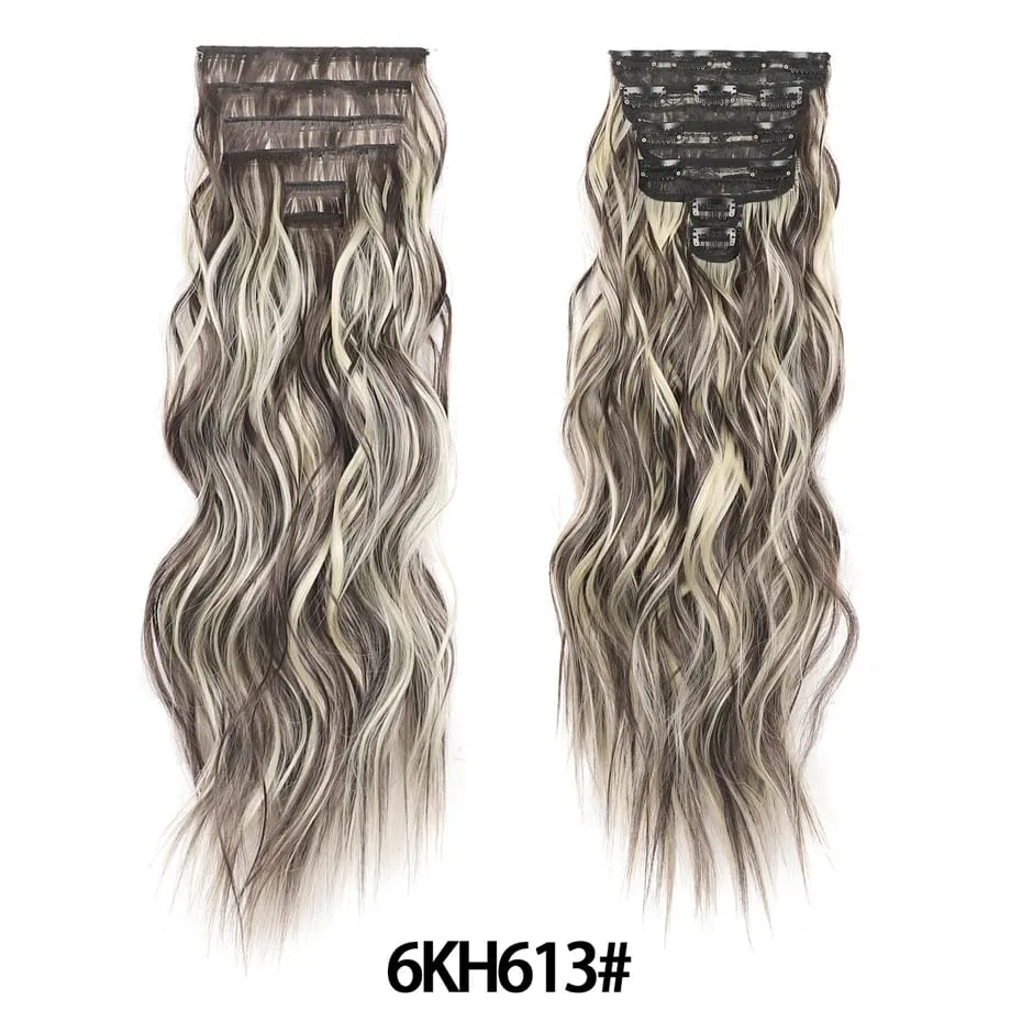 6PCS Clip in Hair Extensions Honey Blonde Mixed Light Brown 24 Inch Long Water Wavy Synthetic Hair Extensions For Women Use