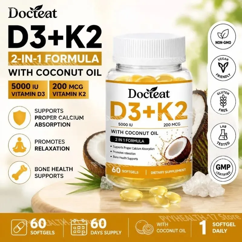 Docteat Vitamin D3+K2 Softgels with Coconut Oil Vitamin D3 Vitamin K2 Calcium Absorption Bone Health for Men Women 60 Softgels