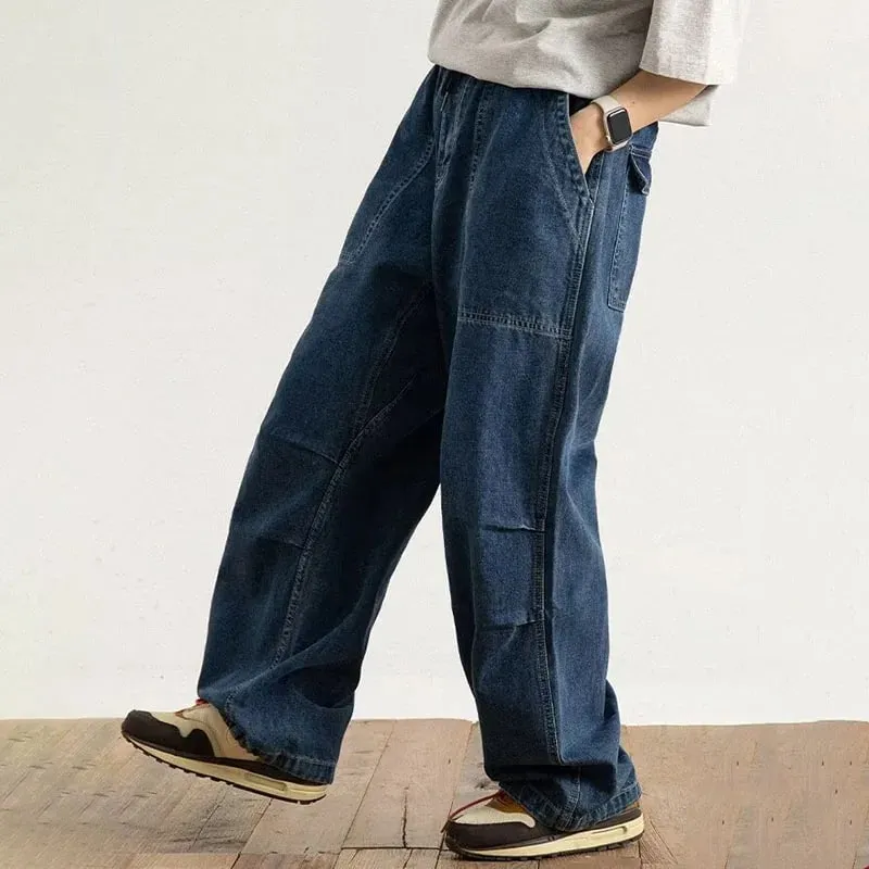 Spring And Autumn Japanese Style Oversized Straight Leg Jeans Loose Drawstring Workwear Pants Wide Leg Pants Men'S Pants
