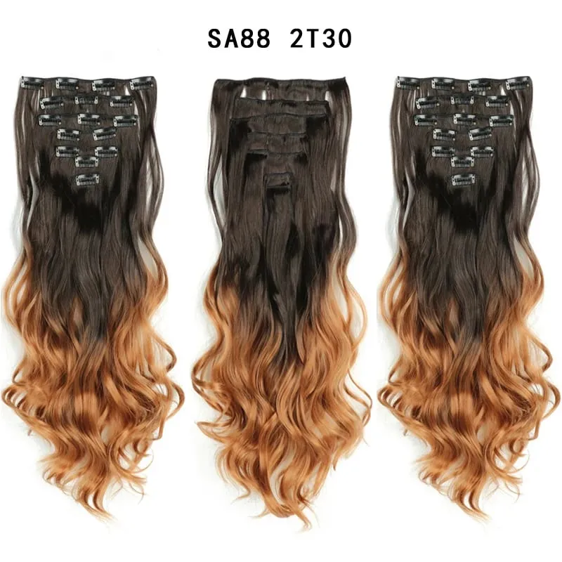 Clip in Long Wavy Synthetic Hair Extension 22 Inch 7PCS Thick Hairpieces Fiber Double Weft Hair for Women