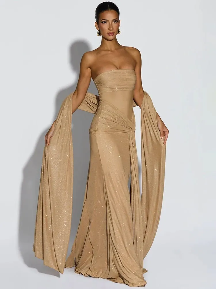 Mozision Sparkle Strapless Draped Sexy Maxi Dress Women Elegant Off-shoulder Sleeveless Backless Ruched Club Party Long Dress