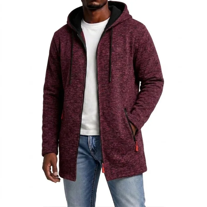 New Men's Zip Up Hoodie Casual Mid-Length Sweatshirts Fleece Jacket Warm Winter Hooded Trench Coat Outerwear with Zipper Pockets
