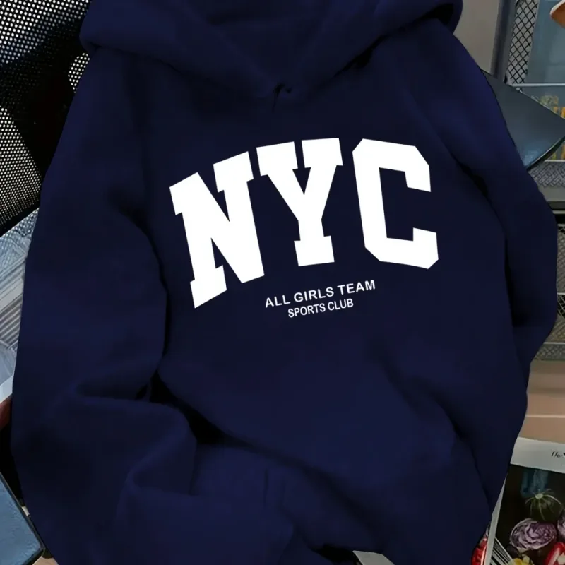 New Fall/Winter Comfortable Navy Blue New York Team Hoodie - Long Sleeve Couples' Street Style Hoodie Casual Pullover with POC