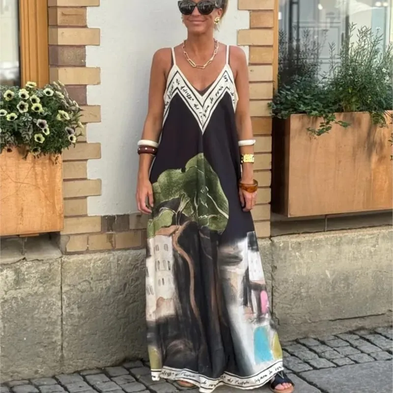 Casual Off Shoulder Hollow Swing Beach Dress Loose Suspender Summer Bohemian Dress Vintage Women V Neck Sleeveless Holiday Dress