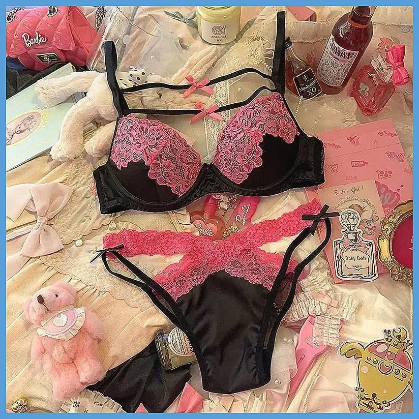 Sexy Lace Lingerie Set with Bow Spaghetti Straps & Steel Ring Uplift Bra for Women