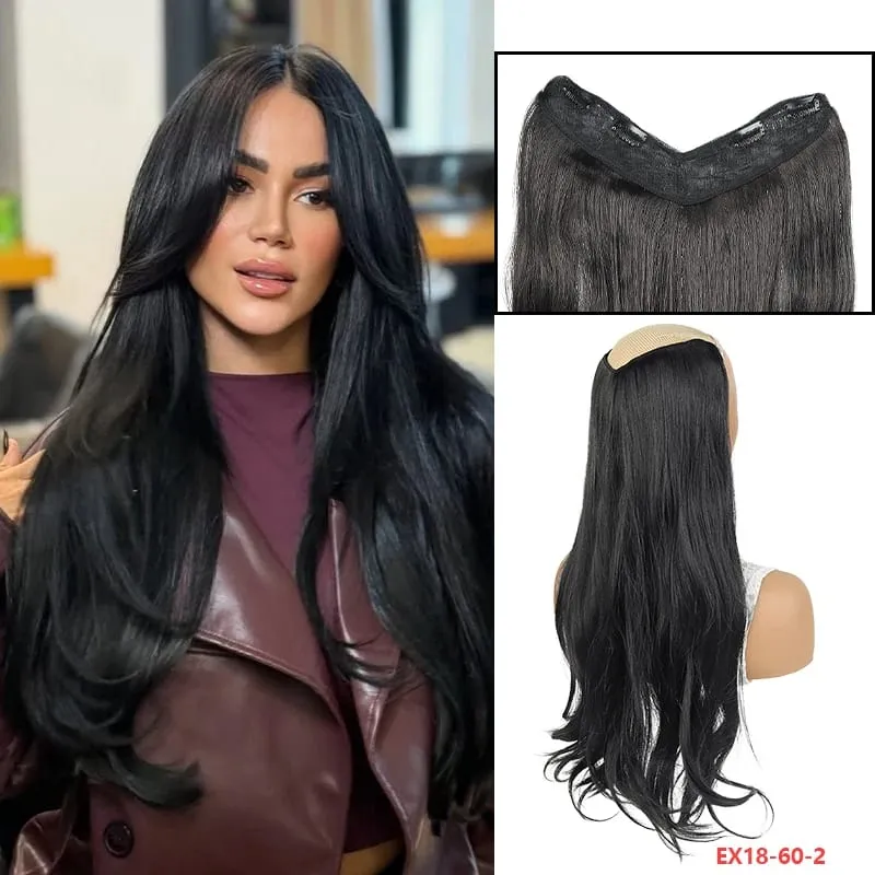 Peça de peruca em V de fácil encaixe, extensão de cabelo sintético ondulado de 20 "ou 24" adiciona comprimento e plenitude em segundos