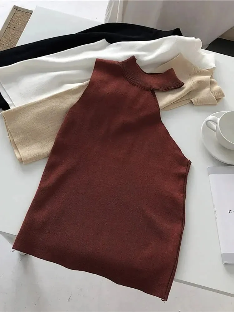 2026 Summer Women Crop Top Sleeveless Turtleneck Female Tank Tops Knitted Off Shoulder Vests White Beige Sexy Clothing Black
