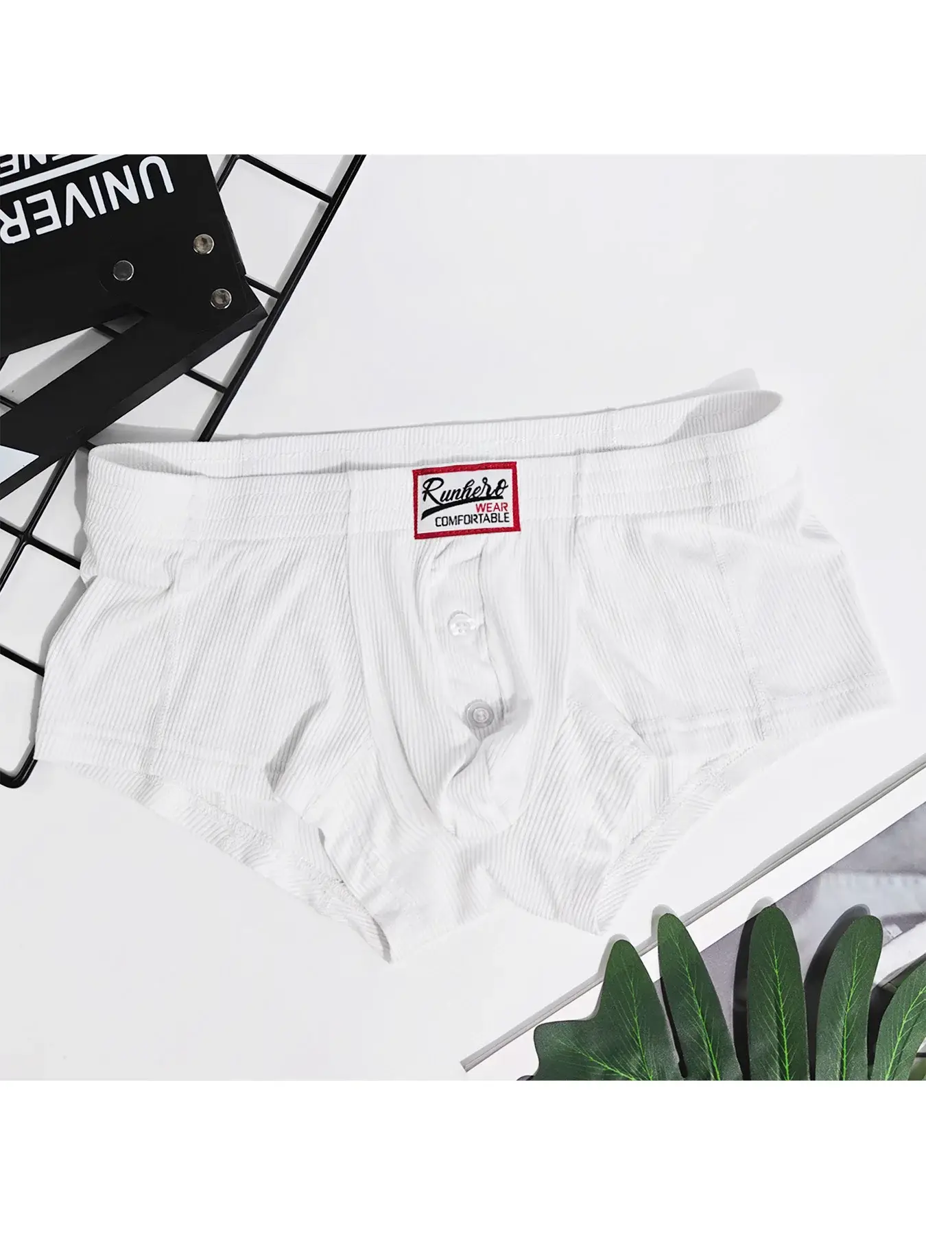 Men's Flat Underwear, Made of Synthetic Viscose, High Elasticity, Raised, Button Decoration, Comfortable Slim Fit Solid Color
