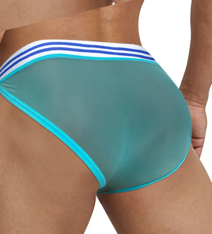 Men's Ice Silk Ultra-Thin Barely-There Mesh Sheer Briefs, Striped V-Shape Elastic Waistband Summer Daily Commute Underwear