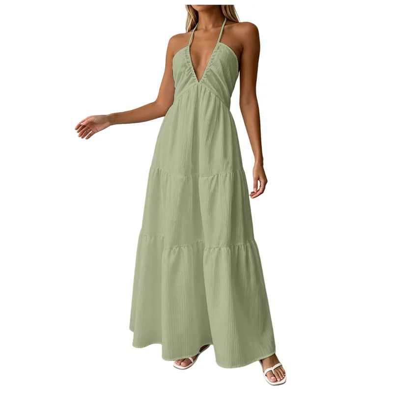 Summer Halter Neck Women's Dress Elegant Chic Wedding Party Beach Dress Backless Flowy Vacation Boho Sling Long Dresses Women