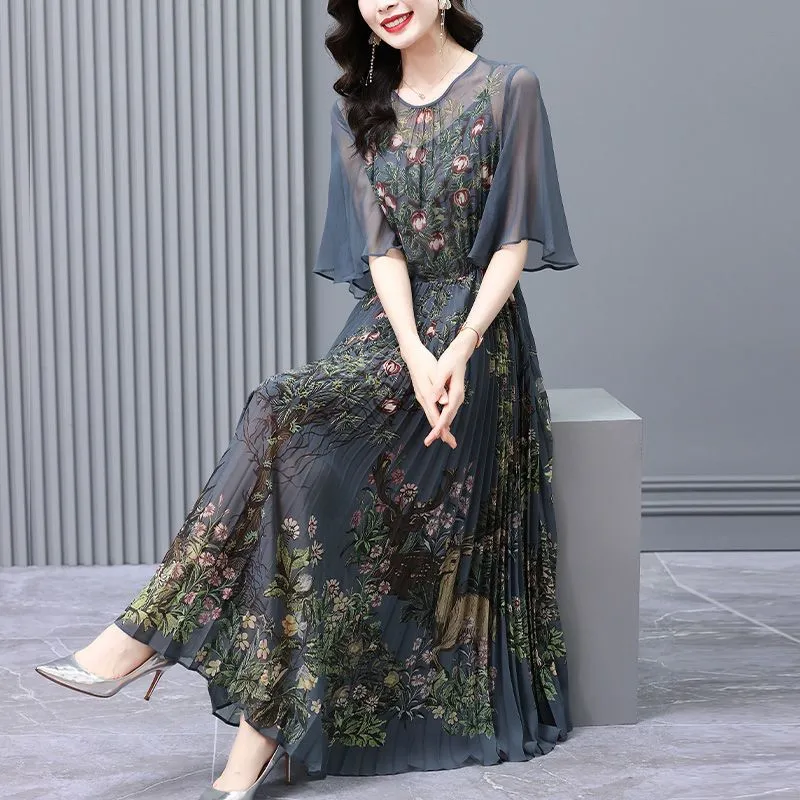 2026 Women Boho Floral Chiffon V-Neck Midi Dress Summer Fashion Light Casual Beach Sundress Korean Elegant Bodycon Party Dresses