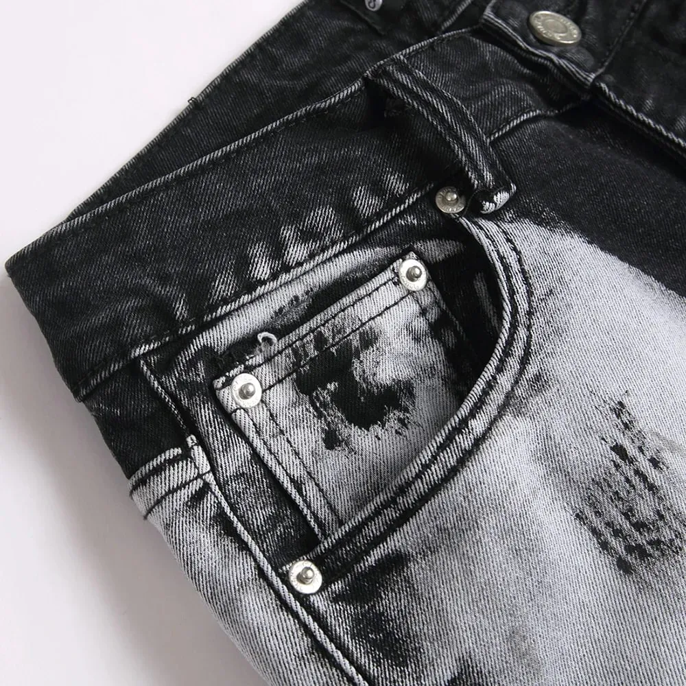 Men's Boot Cut Denim Jeans Painted Button Fly Slim Flared Pants Casual Streetwear Stretch Spandex Cotton Trousers