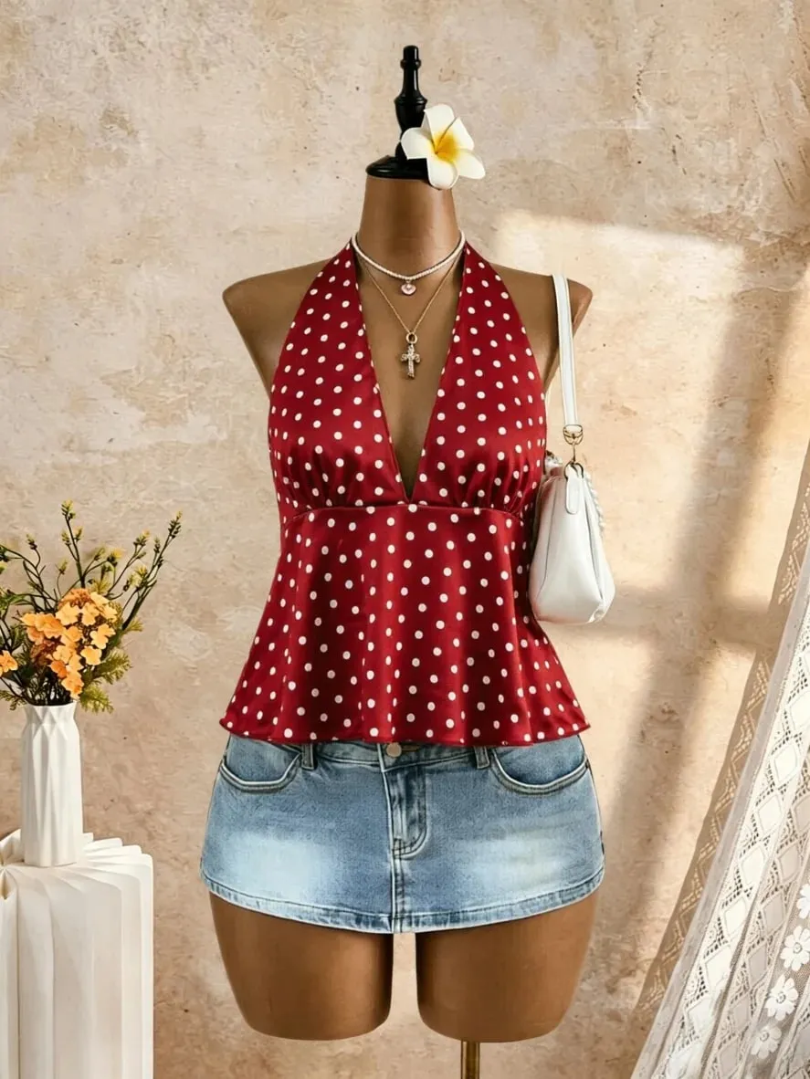 Women Halter Deep V Neck Polka Dot Back Tie Bow Peplum Cami Top 2026 Summer Y2K Red Retro Satin Open Back Flared Sleeveless Swin